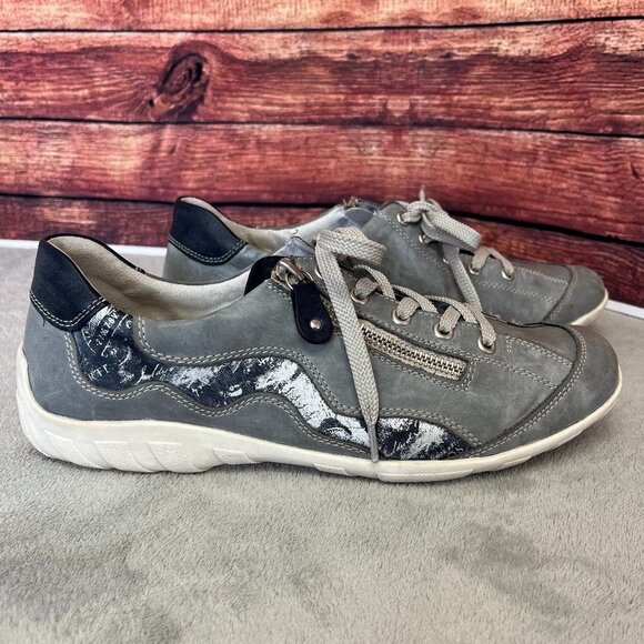 Remonte Jean Print Blue Lace Up Leather Sneakers - Picture 2 of 16